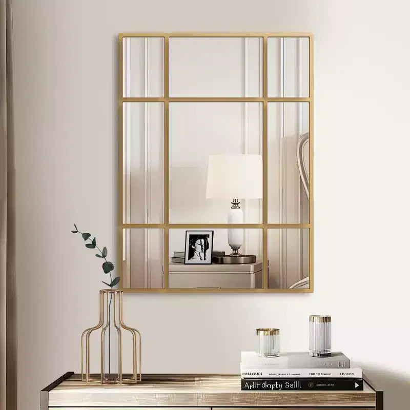 Espejo de pared rectangular de metal, con diseño de rejilla, en color negro y dorado, para colgar verticalmente