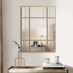 Espejo de pared rectangular de metal, con diseño de rejilla, en color negro y dorado, para colgar verticalmente