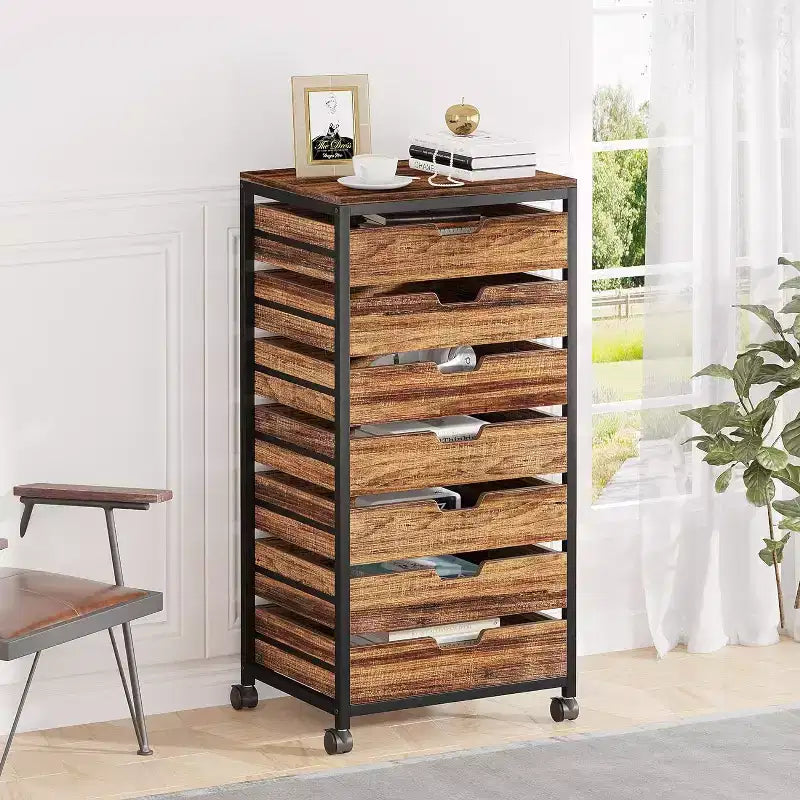 Cómoda con ruedas de 7 cajones, madera retro y metal negro, 1 persona