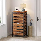 Cómoda con ruedas de 7 cajones, madera retro y metal negro, 1 persona