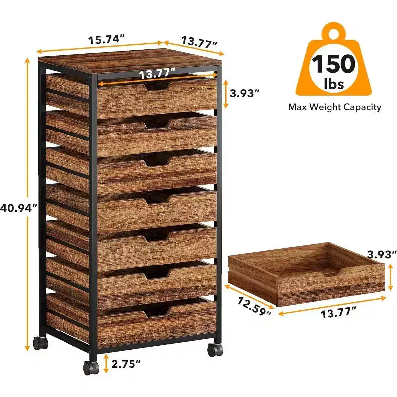 Cómoda con ruedas de 7 cajones, madera retro y metal negro, 1 persona
