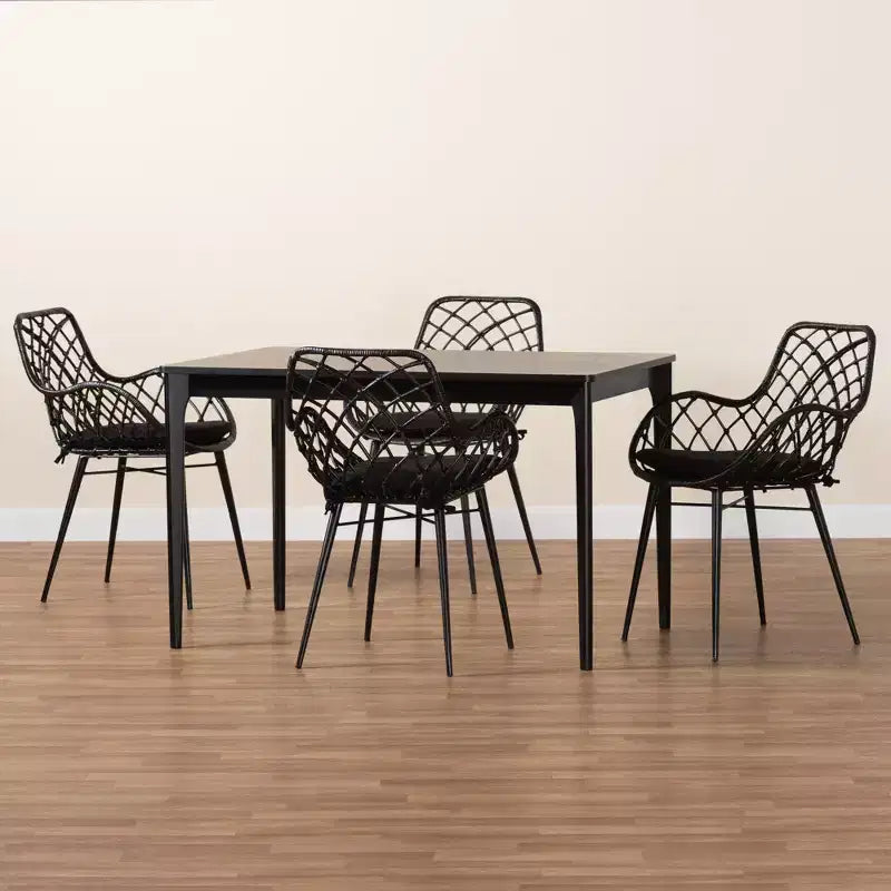 Juego de comedor de 5 piezas para 4 personas de ratán negro y madera