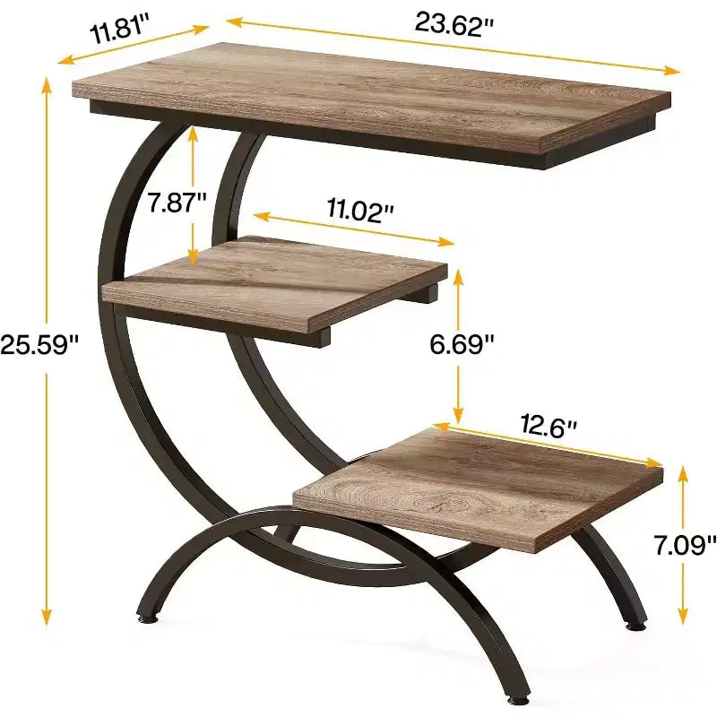Mesa auxiliar en forma de C de 3 niveles industrial – Marrón / Marrón claro / Blanco