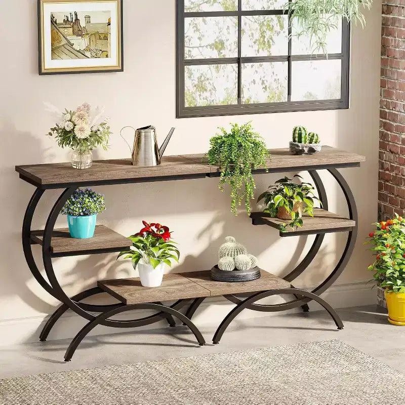 Mesa auxiliar en forma de C de 3 niveles industrial – Marrón / Marrón claro / Blanco
