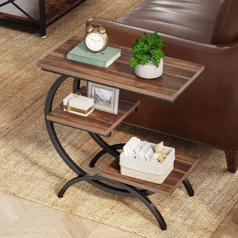 Mesa auxiliar en forma de C de 3 niveles industrial – Marrón / Marrón claro / Blanco