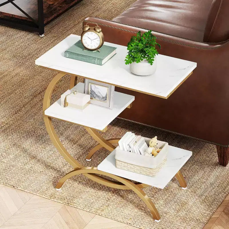 Mesa auxiliar en forma de C de 3 niveles industrial – Marrón / Marrón claro / Blanco