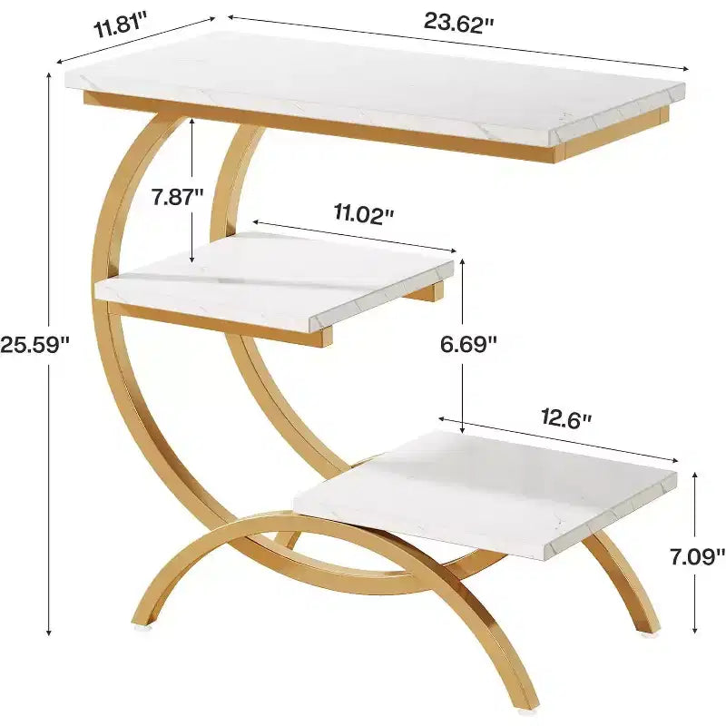 Mesa auxiliar en forma de C de 3 niveles industrial – Marrón / Marrón claro / Blanco