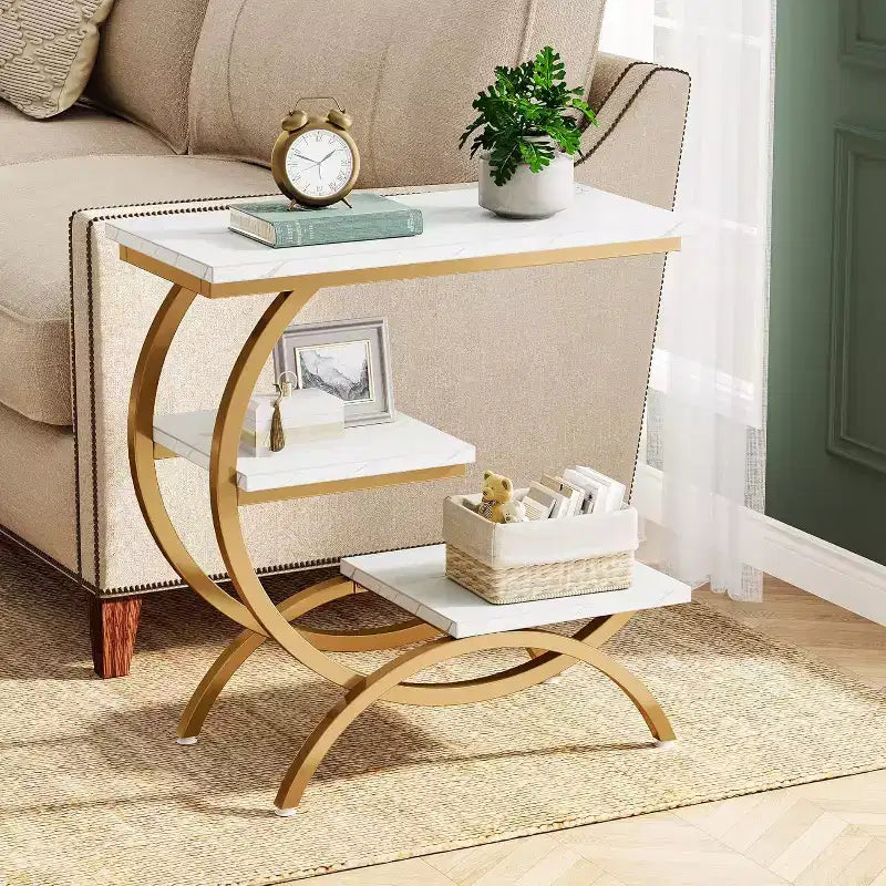 Mesa auxiliar en forma de C de 3 niveles industrial – Marrón / Marrón claro / Blanco