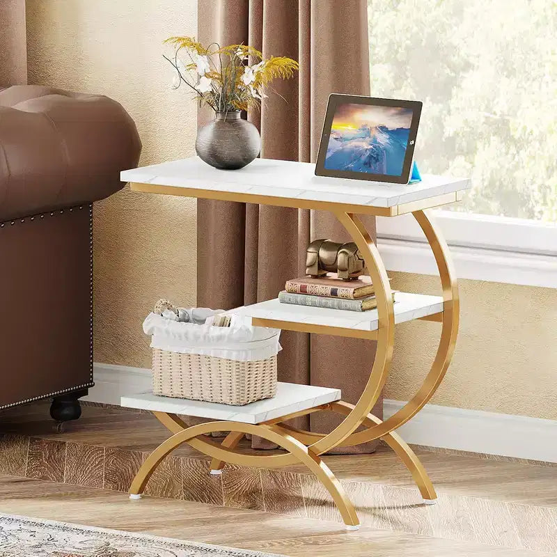 Mesa auxiliar en forma de C de 3 niveles industrial – Marrón / Marrón claro / Blanco