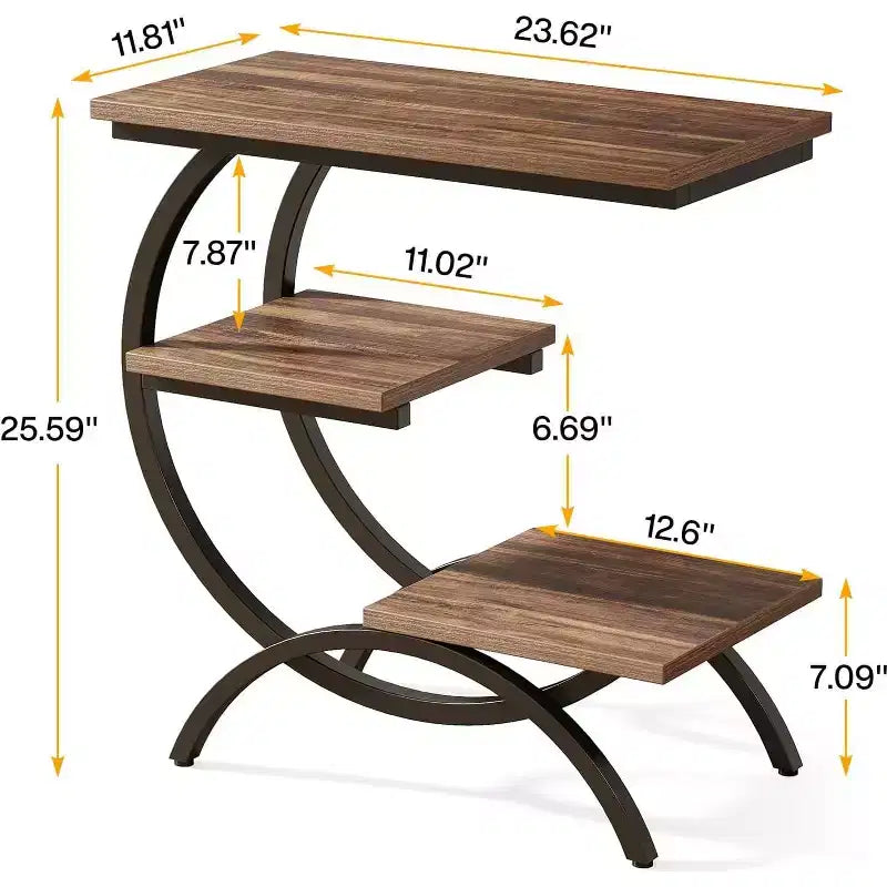 Mesa auxiliar en forma de C de 3 niveles industrial – Marrón / Marrón claro / Blanco