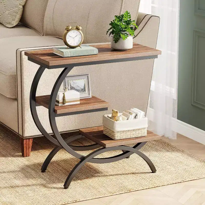 Mesa auxiliar en forma de C de 3 niveles industrial – Marrón / Marrón claro / Blanco