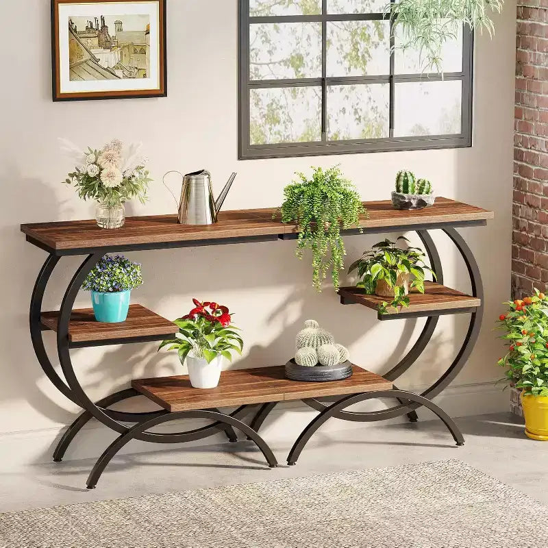 Mesa auxiliar en forma de C de 3 niveles industrial – Marrón / Marrón claro / Blanco