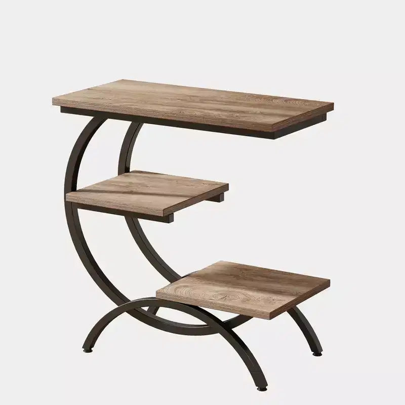Mesa auxiliar en forma de C de 3 niveles industrial – Marrón / Marrón claro / Blanco