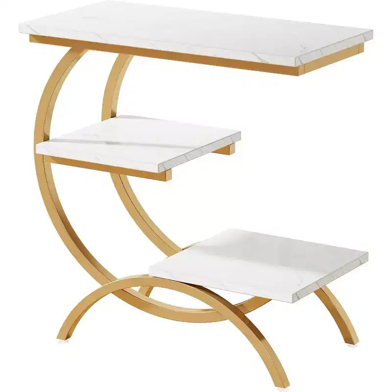 Mesa auxiliar en forma de C de 3 niveles industrial – Marrón / Marrón claro / Blanco